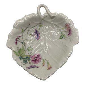 TOYO Porcelain Serving Dish Morning Glory leaf shaped pink purple flowers Japan